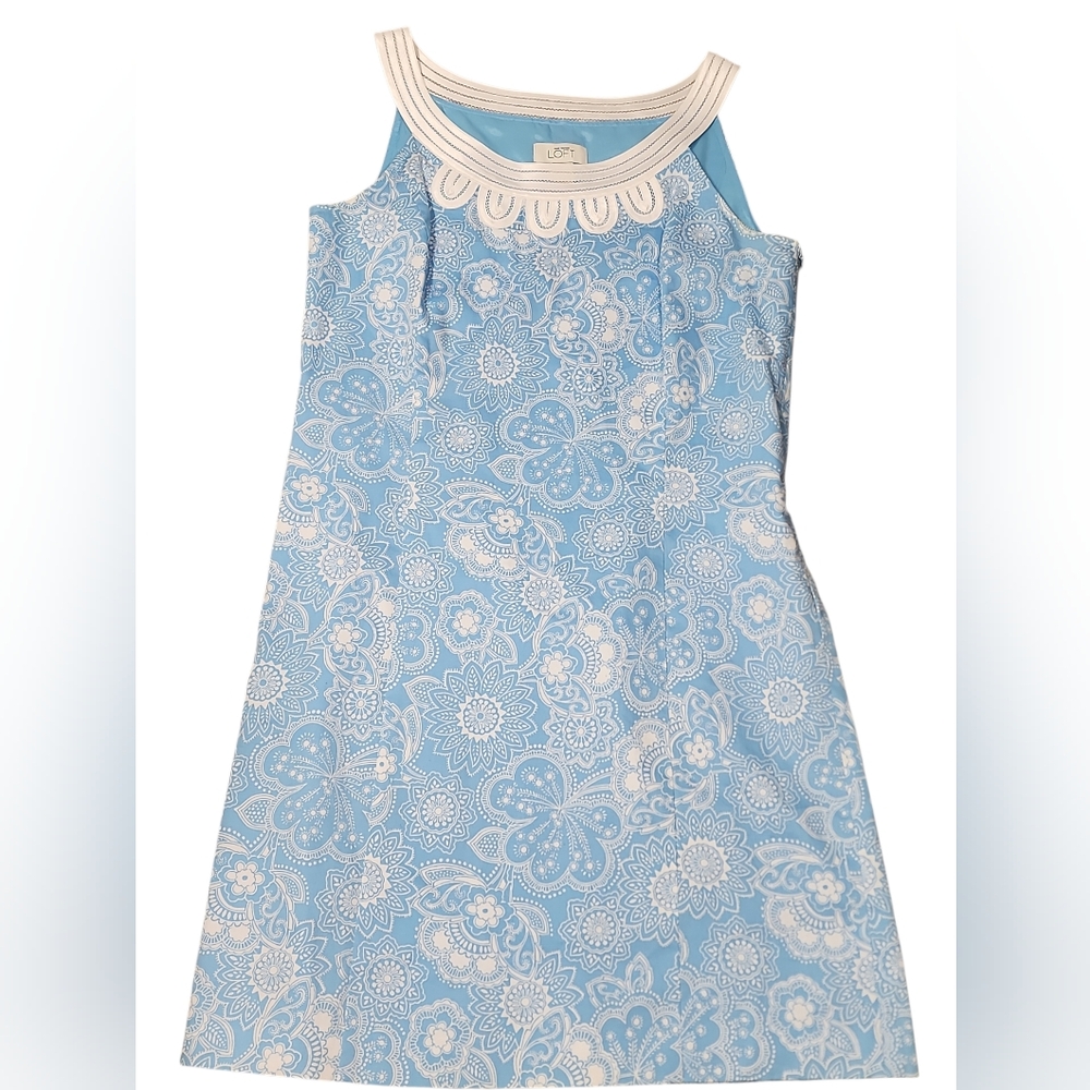 Ann Taylor Loft Blue Paisley Floral Sleeveless Short Embroidered Shift Dress. 4 - Picture 9 of 14